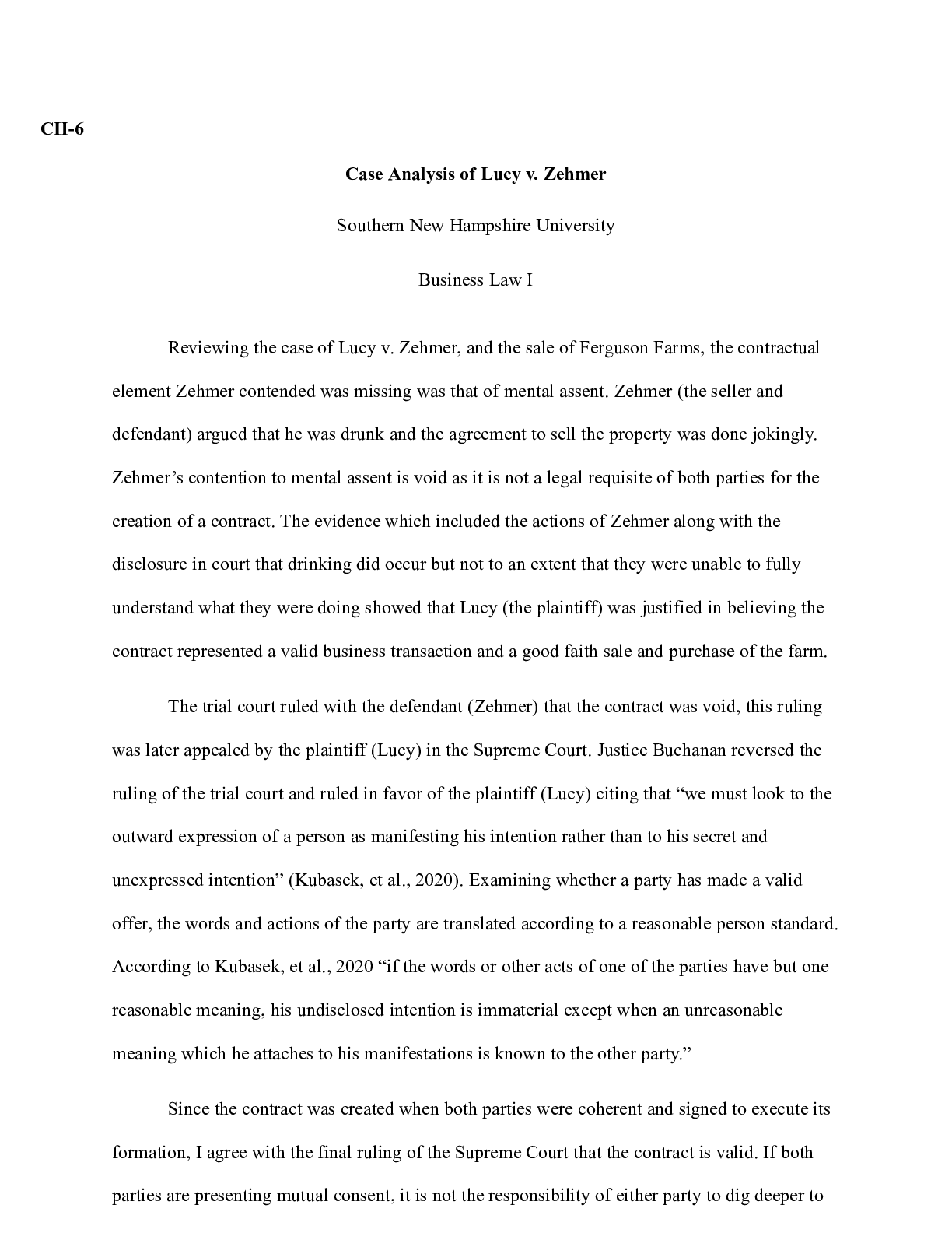Preview image for CH Module 6 Case Analysis.docx    CH-6  Case Analysis of Lucy v. Zehmer  Southern New Hamp